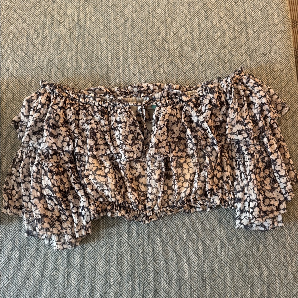 Zimmermann Black and Cream Floral Ruffle Top